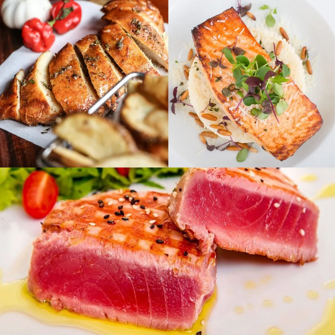 Hình ảnh ức gà, cá hồi, cá ngừ – bộ 3 protein trong nhóm thực phẩm giàu vitamin B6.