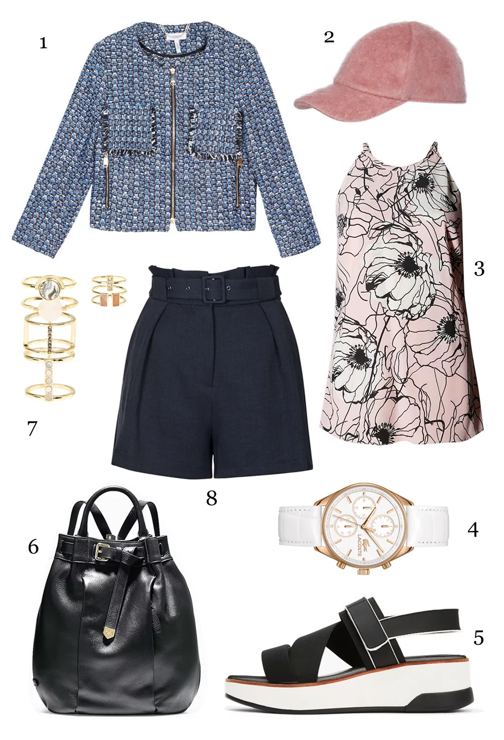 THỨ NĂM: 1 áo khoác MAX & Co, 2 nón MAX & Co, 3 áo hoa Marks & Spencer, 4 đồng hồ Lacoste, 5 sandals DKNY, 6 ba lô Cole Hann, 7 set nhẫn Accessorize, 8 quần shorts Topshop