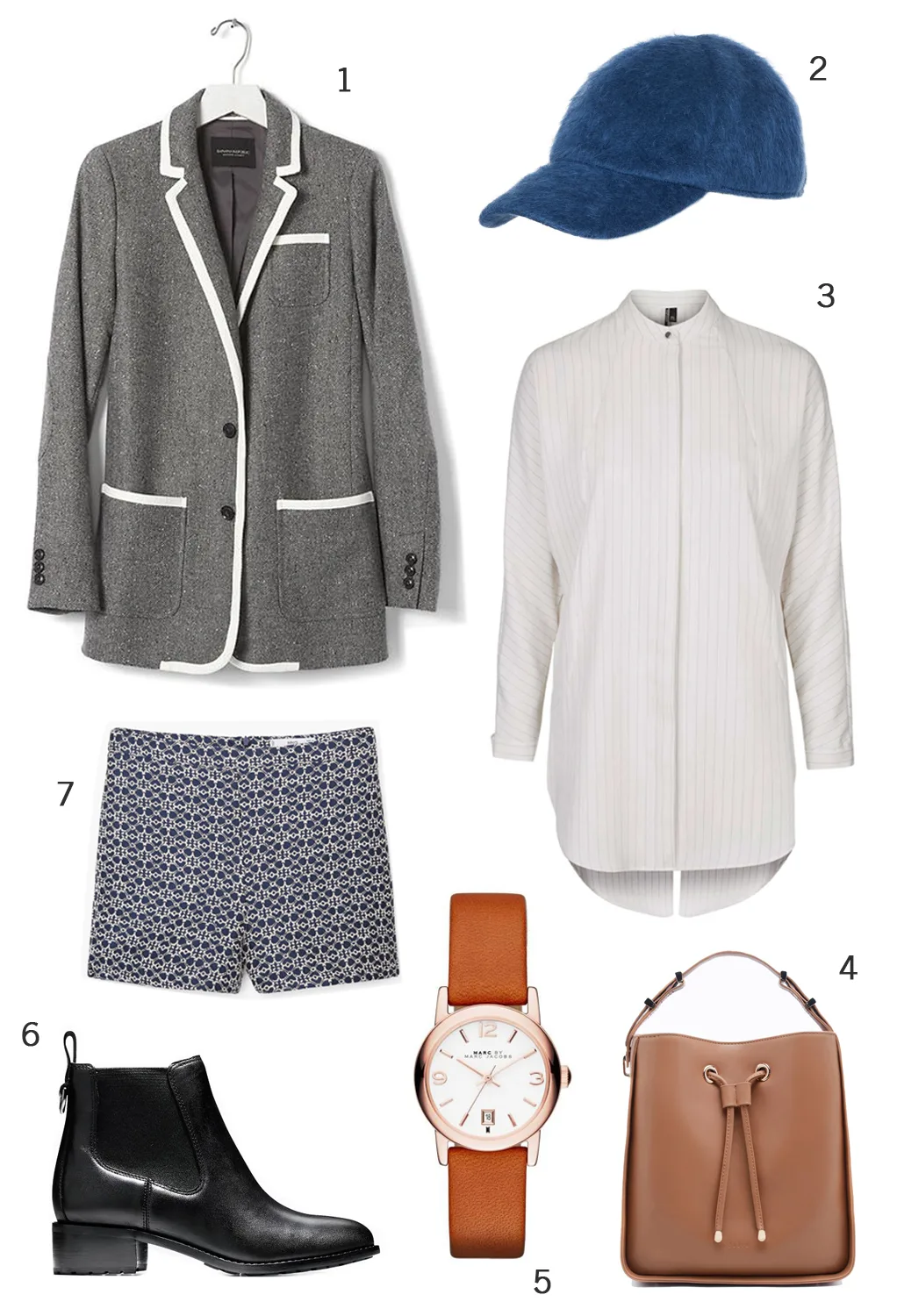 CÁCH PHỐI 2: 1. Áo blazer Banana Republic - 2. Nón Max & Co - 3. Áo sơ mi oversized Topshop - 4. Túi Pedro - 5. Đồng hồ Marc Jacobs -6. Giày Cole Hann - 7. Quần shorts Mango