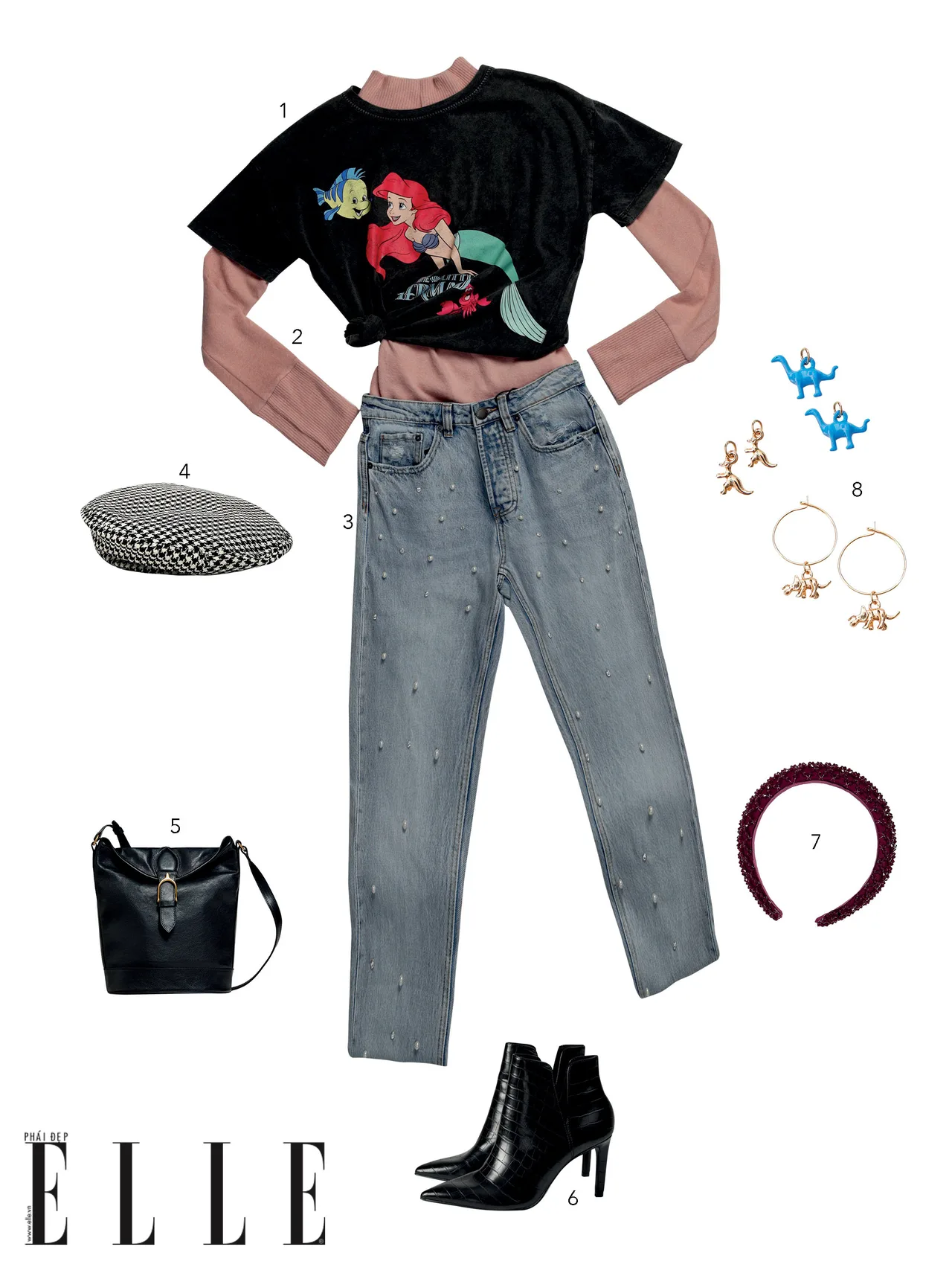 kết hợp trang phục áo thun hoạt hình phong cách preppy với áo thun in hoạt hình và quần jeans