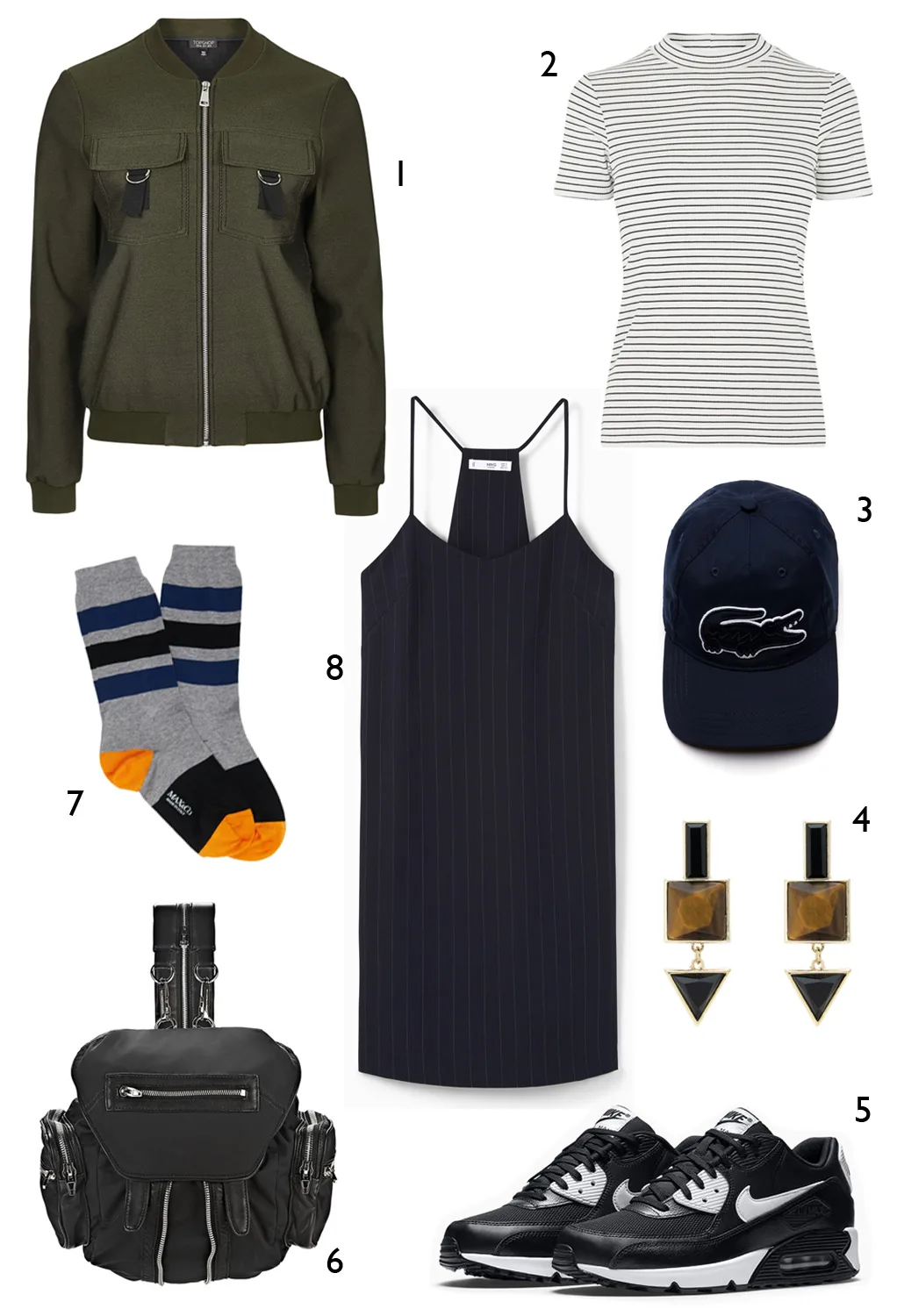 THỨ TƯ: 1 áo khoác Topshop, 2 áo thun Warehouse, 3 nón Lacoste, 4 hoa tai Oasis, 5 giày thể thao Nike, 6 ba lô Alexander Wang, 7 vớ Max & CO, 8 đầm Mango