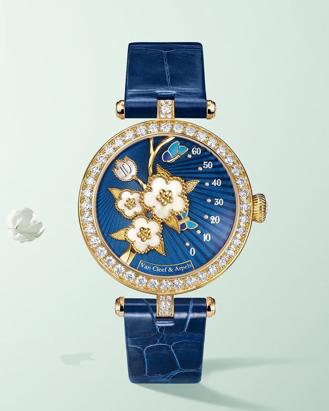 Phần vỏ đồng hồ có kích thước 33mm, được chế tác tinh xảo và đính kim cương ở nhiều vị trí gồm vành bezel, núm vặn và khóa dây.