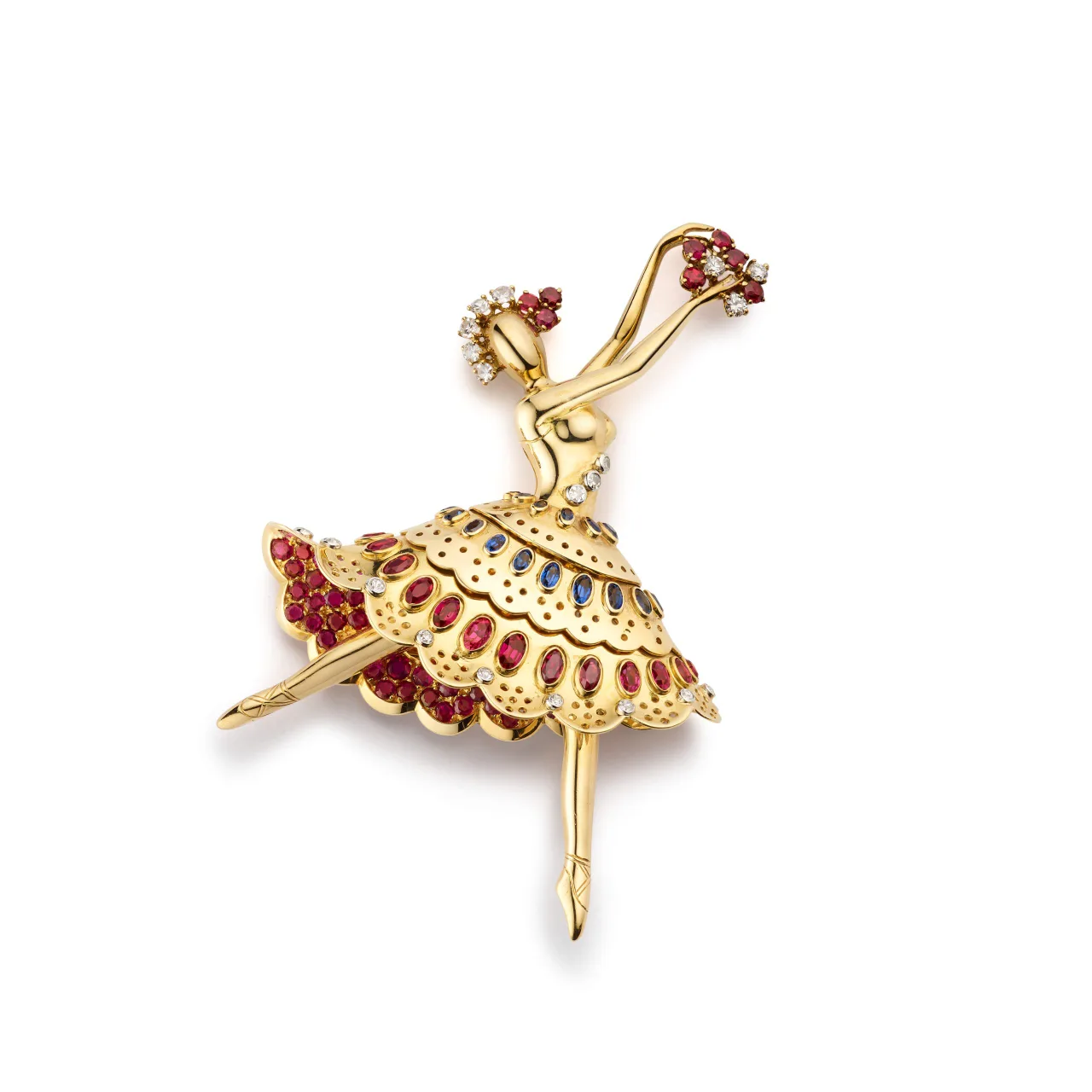 Dancer clip, 1948. Chế tác từ vàng vàng và platinum, đính rubies, sapphires và diamonds. Van Cleef & Arpels Collection.