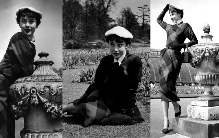 audrey hepburn đội mũ beret và đầm họa tiết