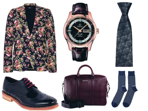 Áo blazer Topman, giày da Pedro, đồng hồ Omega, túi da Burberry, cà-vạt Pedro, tất Paul Smith.