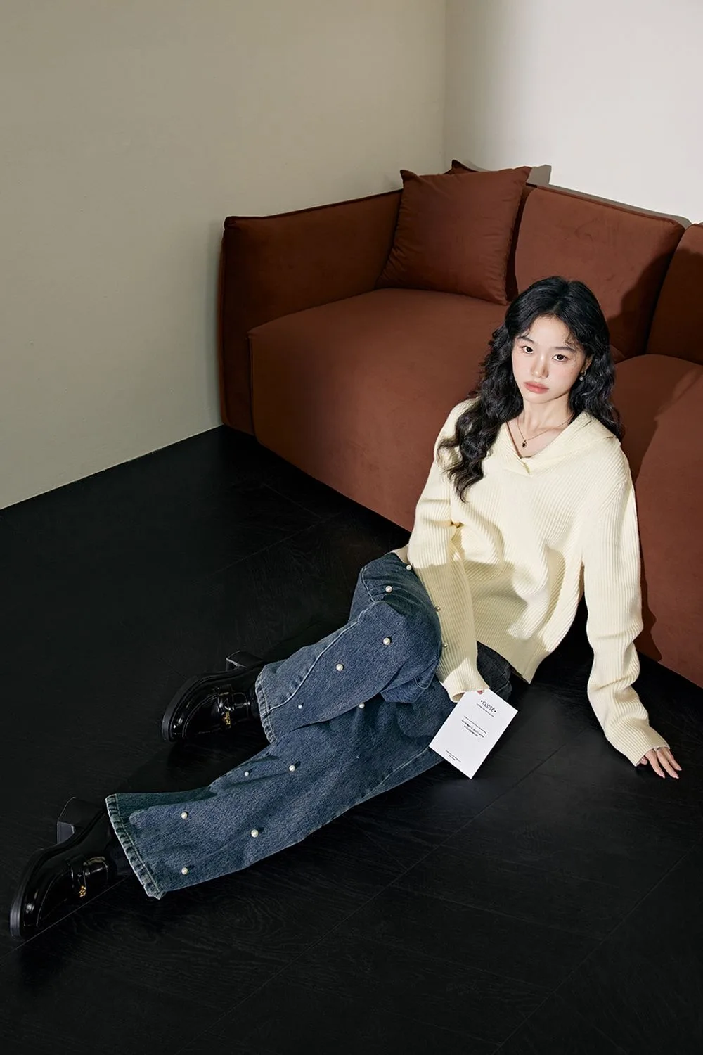 Áo len cổ tim phối denim
