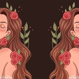 Hai cô gái tóc dài có cài bông đối lưng nhau