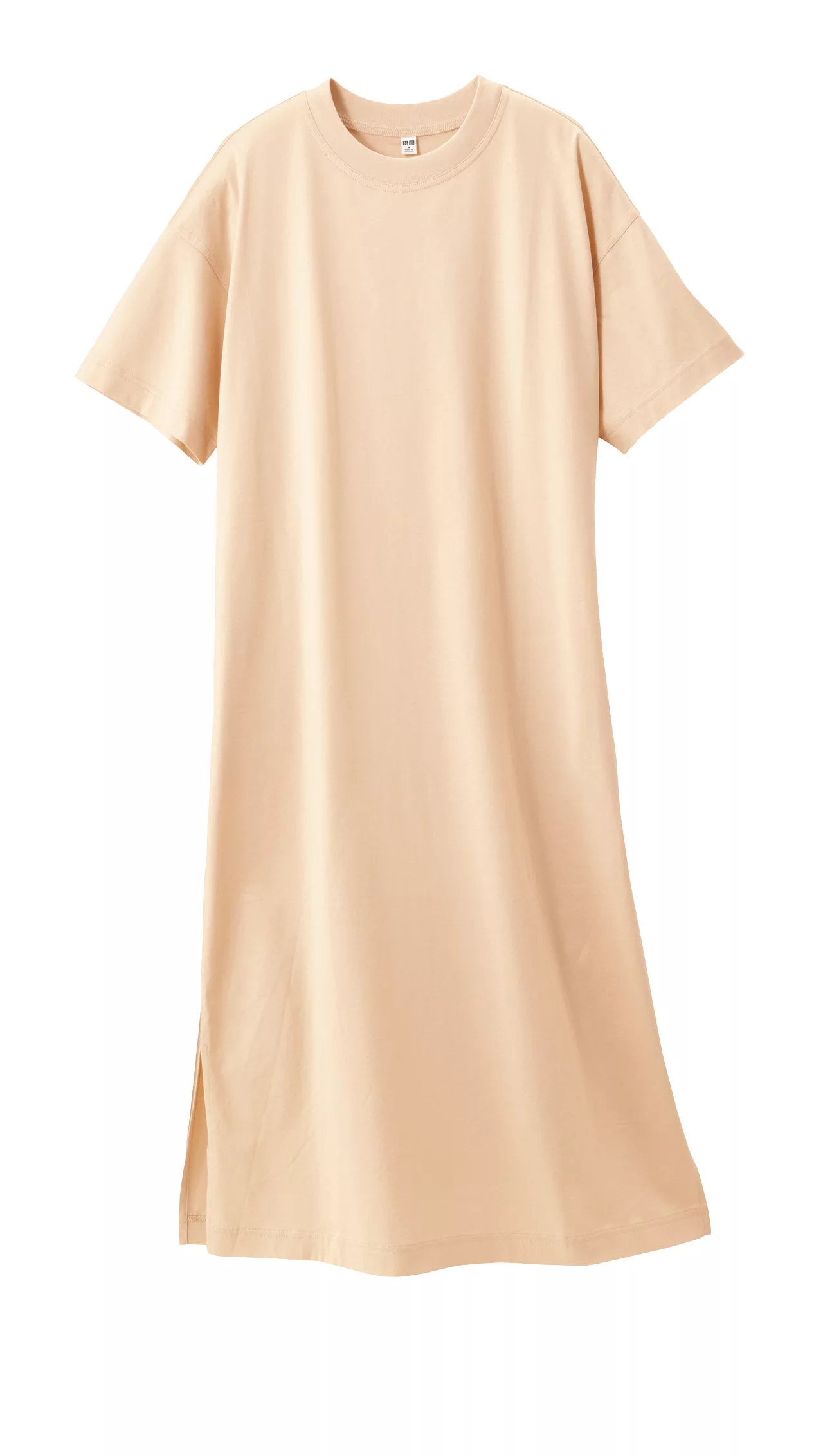 đầm cotton suôn dài cổ tròn tay ngắn màu be uniqlo