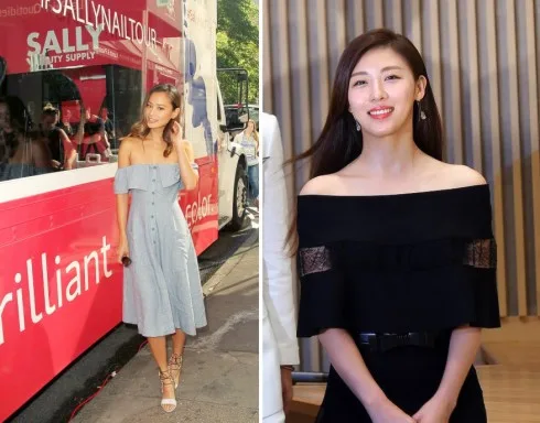 Jamie Chung và Ha Ji Won không bỏ qua xu hướng đầm trễ vai