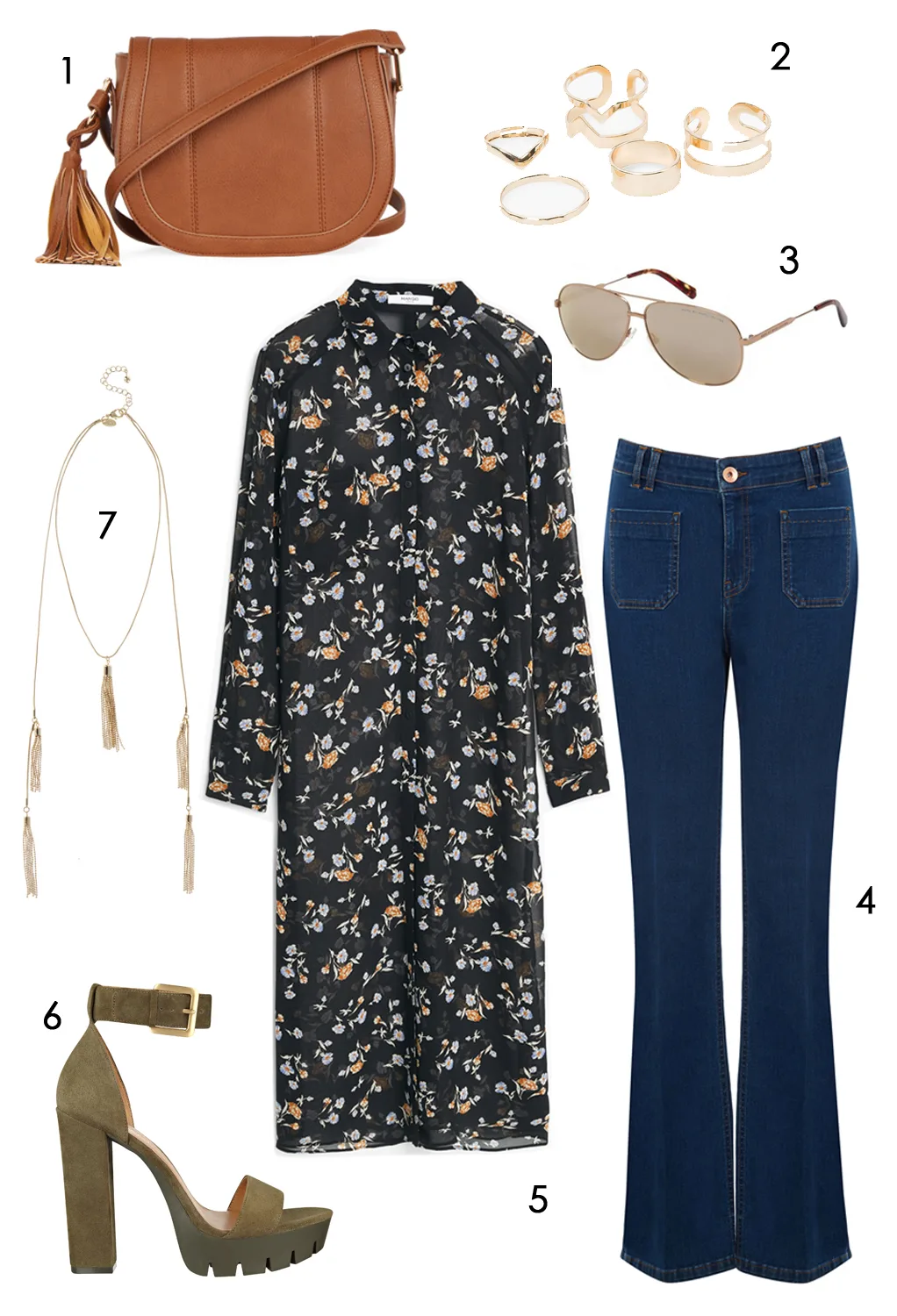 CÁCH PHỐI 2: 1.Túi xách Warehouse - 2.Set nhẫn Mango - 3.Mắt kính Marc Jacobs - 4.Quần jeans Oasis - 5.Áo Mango - 6.Giày Nine West - 7.Dây chuyền Coast