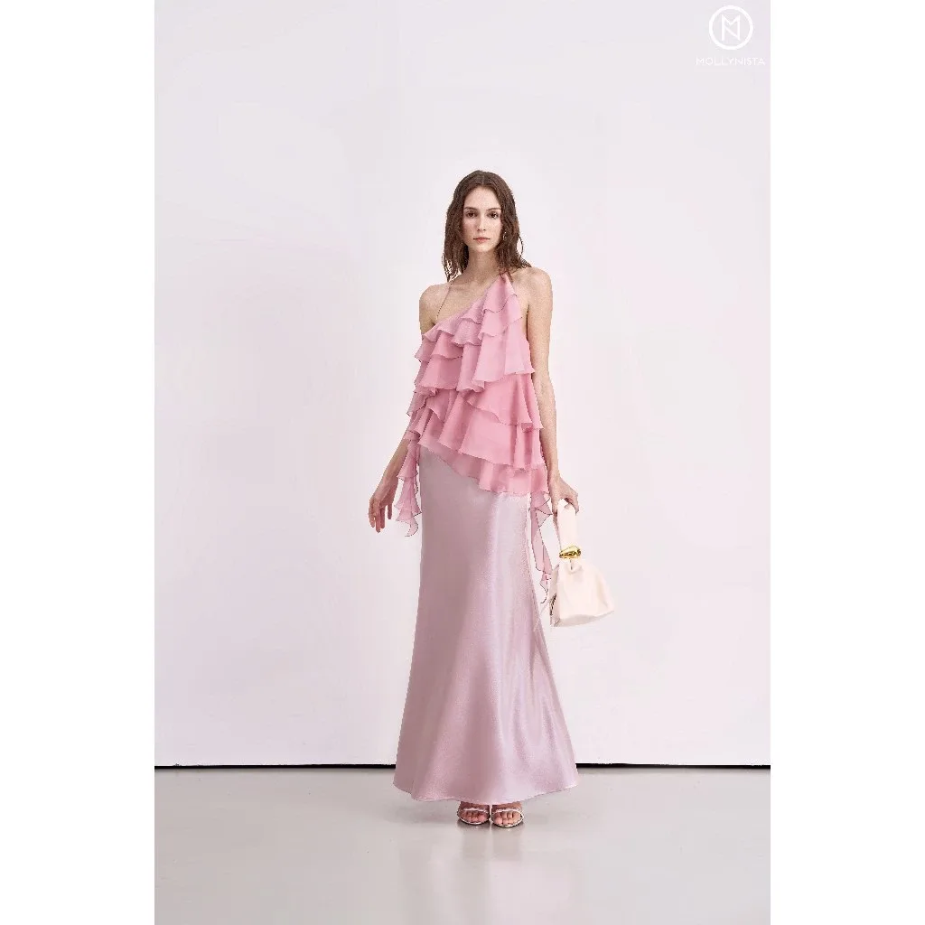 Chân váy lụa màu hồng local brand Việt