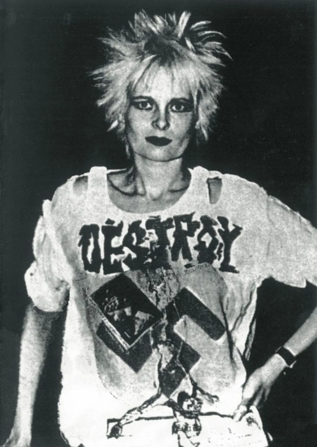 Vivienne Westwood in punk style during 1970 in black and white