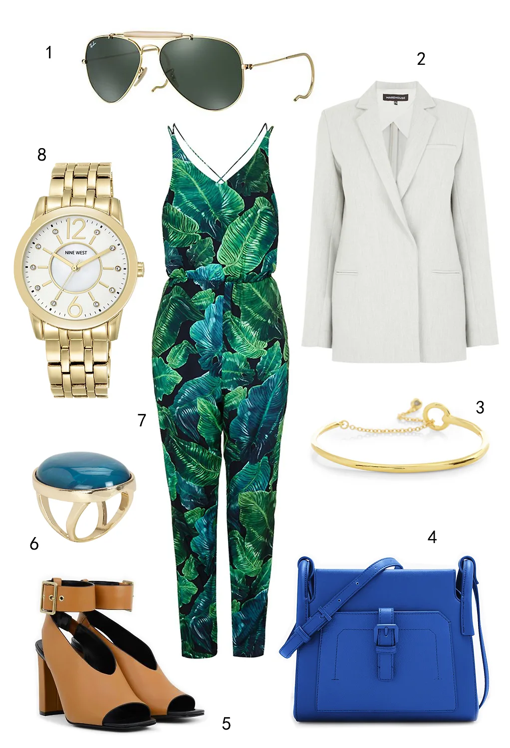 THỨ BA: 1 mắt kính Ray-ban, 2 áo khoác blazer Warehouse, 3 vòng tay Karen Millen, 4 túi Pedro, 5 giày Charles & Keith, 6 nhẫn Aldo, 7 jumpsuit Topshop, 8 đồng hồ Nine West