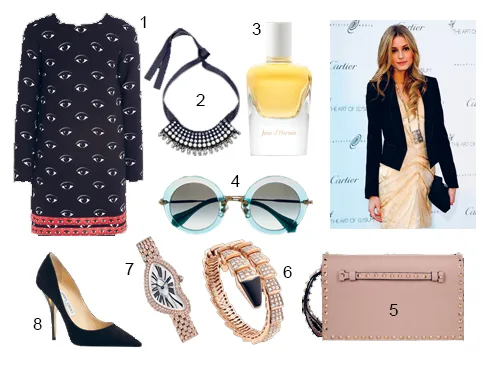 1.Đầm ngắn Kenzo 2.Vòng cổ Swarovski 3.Nước hoa Jour d'Hermès Hermès 4.Kính mát Miu Miu 5.Clutch da Valentino 6.Vòng tay Serpenti Bulgari 7.Đồng hồ Cartier 8.Giày da lộn Jimmy Choo