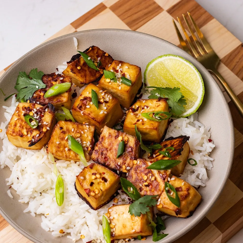Đậu hũ sốt miso được đựng trong một chén cơm trắng.