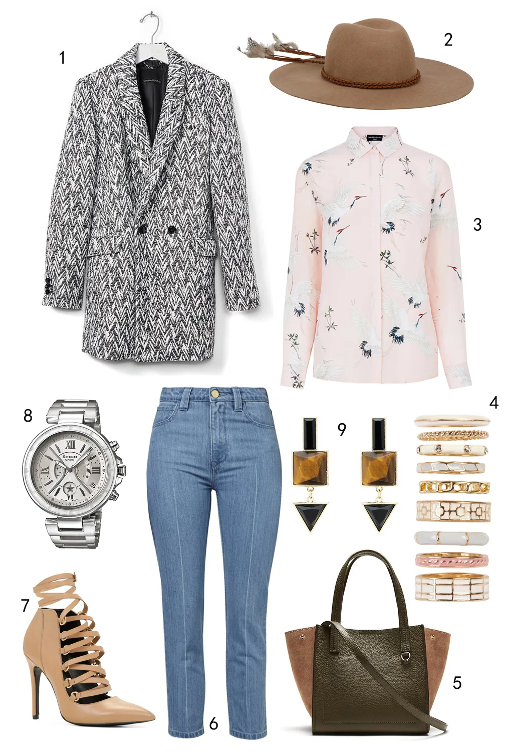 THỨ BA: 1 áo blazer Banana Republic, 2 nón Aldo, 3 áo lụa Warehouse, 4 set nhẫn Aldo, 5 túi Banana Republic, 6 quần jeans Topshop, 7 giày Aldo, 8 đồng hồ Casio, 9 hoa tai Oasis