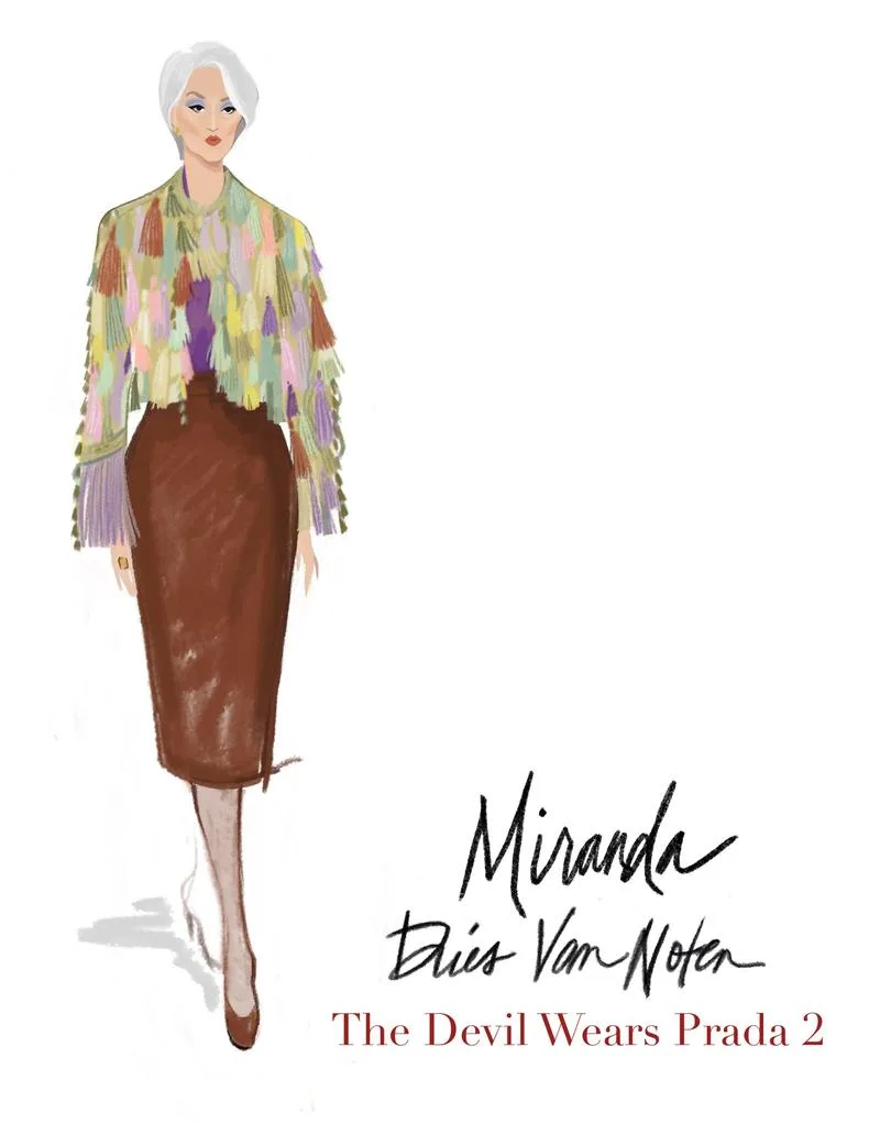 Miranda được đặt trong những lớp trang phục có tính biểu tượng như áo khoác Dries Van Noten tua rua