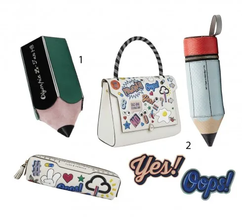 1.Clutch cầm tay của Olympia Le-Tan 2.Túi xách, bóp viết, móc túi xách và sticker của Anya Hindmarch