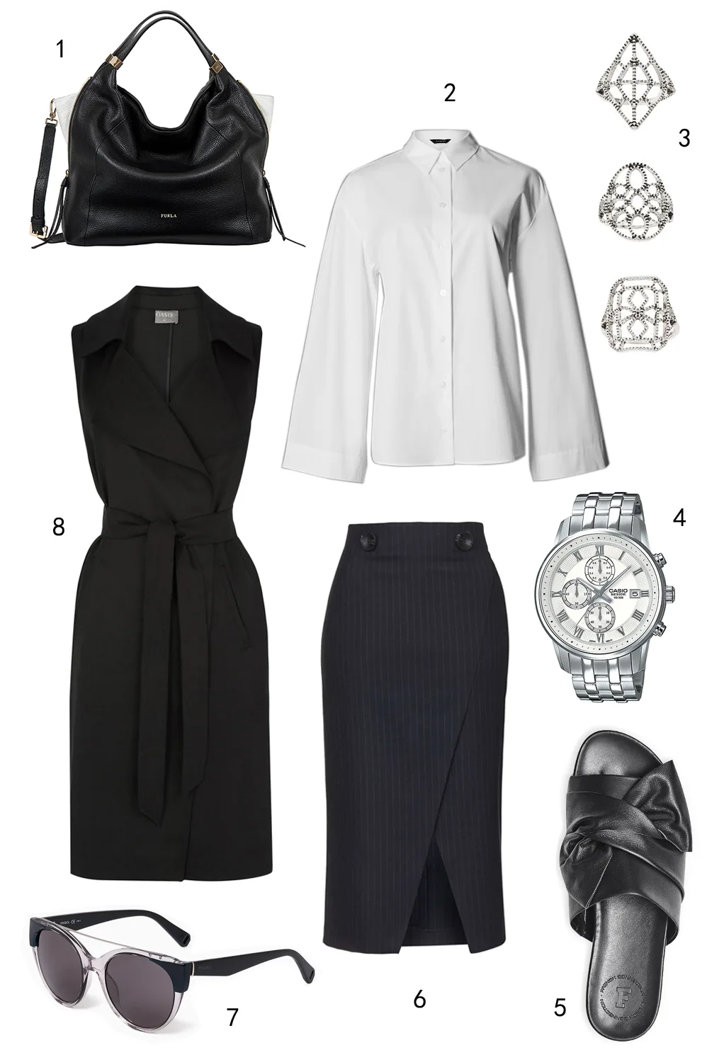THỨ HAI: 1 túi Furla, 2 áo Marks & Spencer, 3 set nhẫn Topshop, 4 đồng hồ Casio, 5 dép FCUK, 6 váy Topshop, 7 mắt kính MAX & Co, 8 áo khoác Oasis