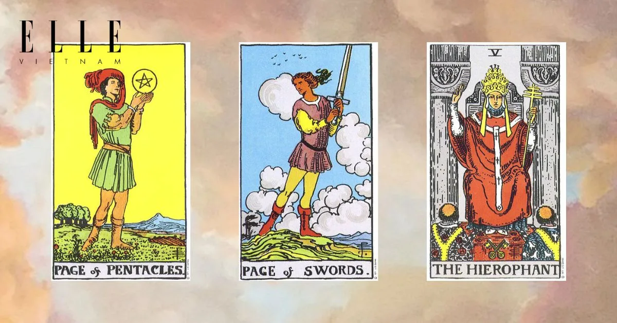 Bạn có các lá bài tarot: Page of Pentacles - Page of Swords - The Hierophant