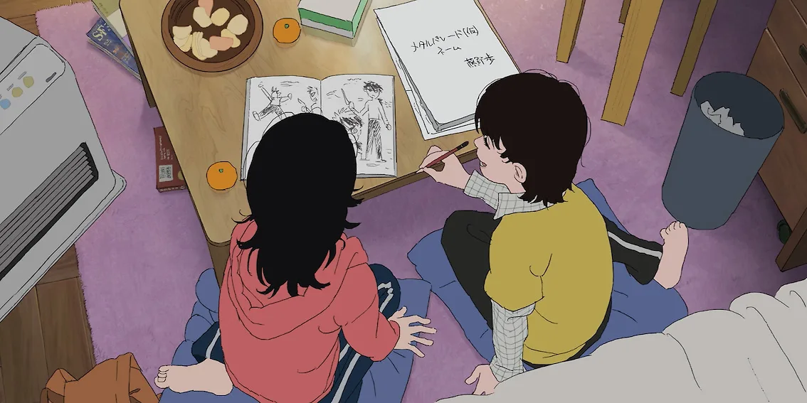 hai đứa trẻ đang ngồi trong anime look back