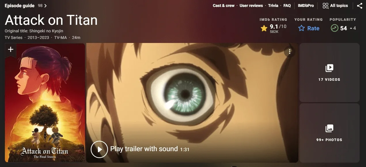 Attack on Titan
có điểm số cao nhất IDMb và là anime có nhiều tập phim đạt điểm này nhất từ trước đến nay.