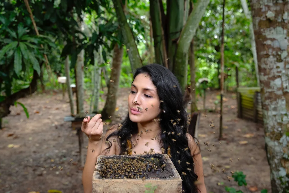 Rosa Vásquez Espinoza tại rừng Amazon, đang kiểm tra một tổ ong.