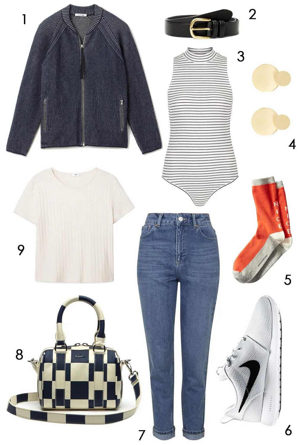 CÁCH PHỐI 1: 1.Áo khoác bomber Lacoste - 2.Thắt lưng Mango - 3.Bodysuit Topshop - 4.Hoa tai Accessorize - 5.Vớ Banana Republic - 6.Giày Nike - 7.Quần jeans Topshop - 8.Túi xách Lacoste - 9.Áo thun Mango.