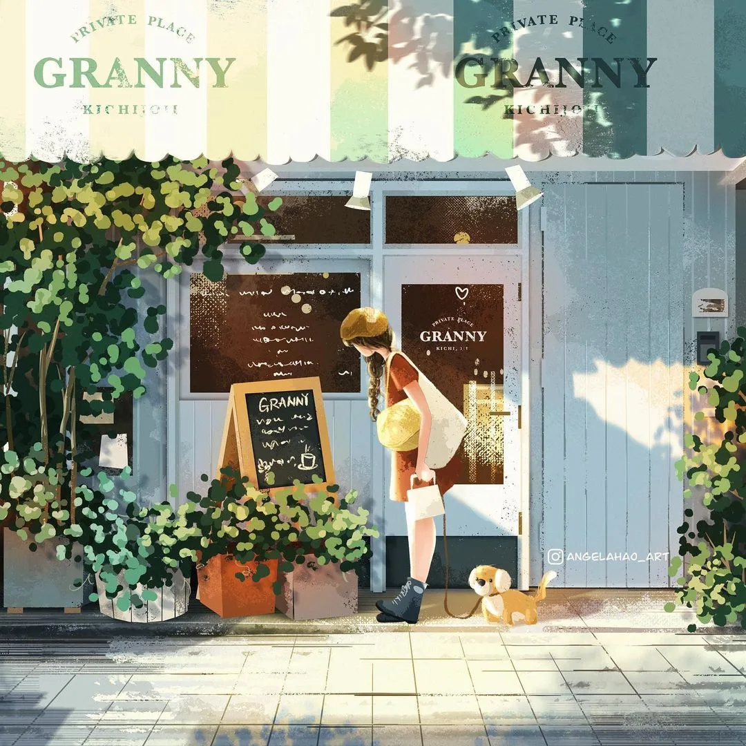 digital painting cô gái đứng trước quán cafe