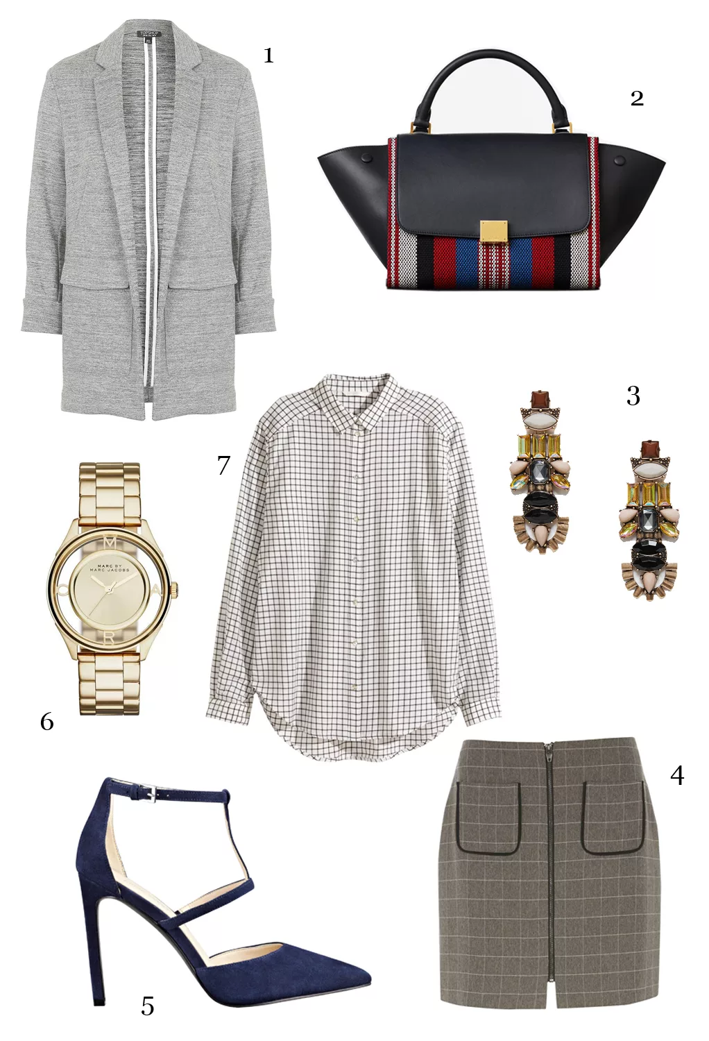 CÁCH PHỐI 1: 1-Áo khoác Topshop, 2-Túi Céline, 3-Hoa tai Mango, 4-Váy Dorothy Perkins, 5-Giày Nine West. 6-Đồng hồ Marc Jacobs.