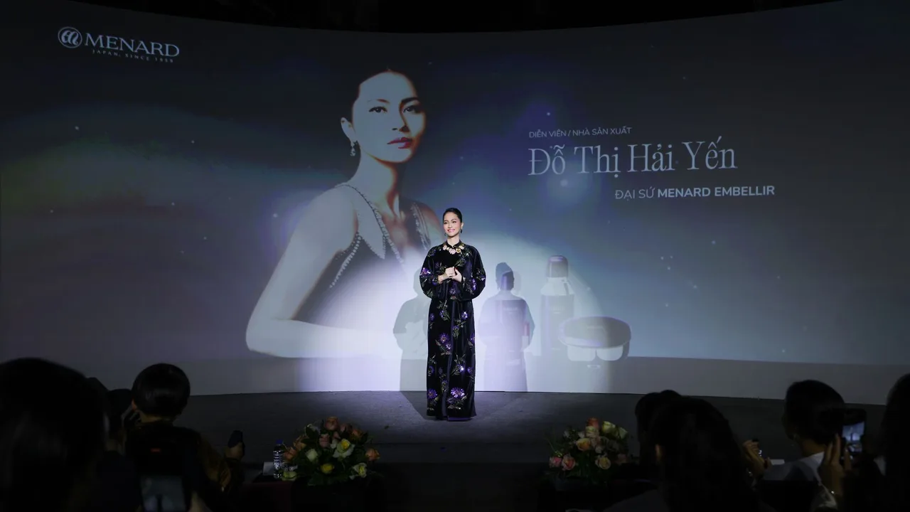 Hình ảnh diễn viên Đỗ Thị Hải Yến tại buổi ra mắt giới thiệu phim "1982" do Menard tổ chức.
