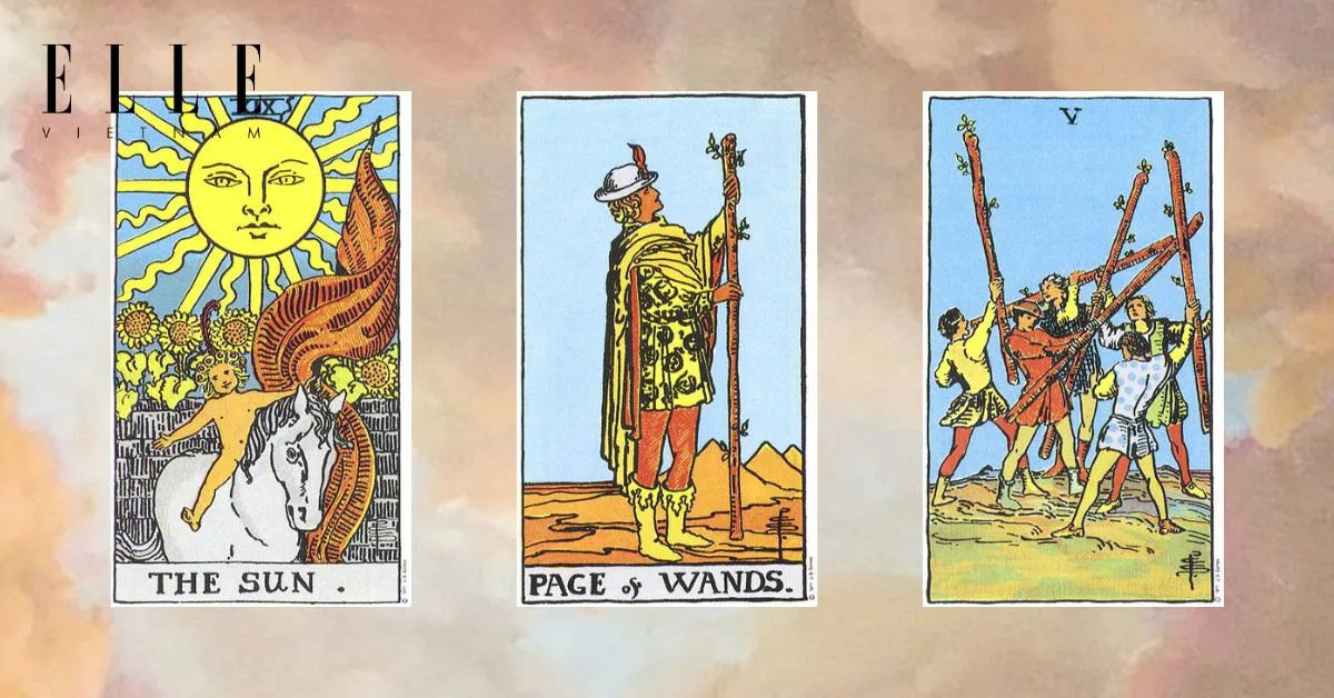 Bạn có các lá bài tarot: The Sun - Page of Wands - Five of Wands
