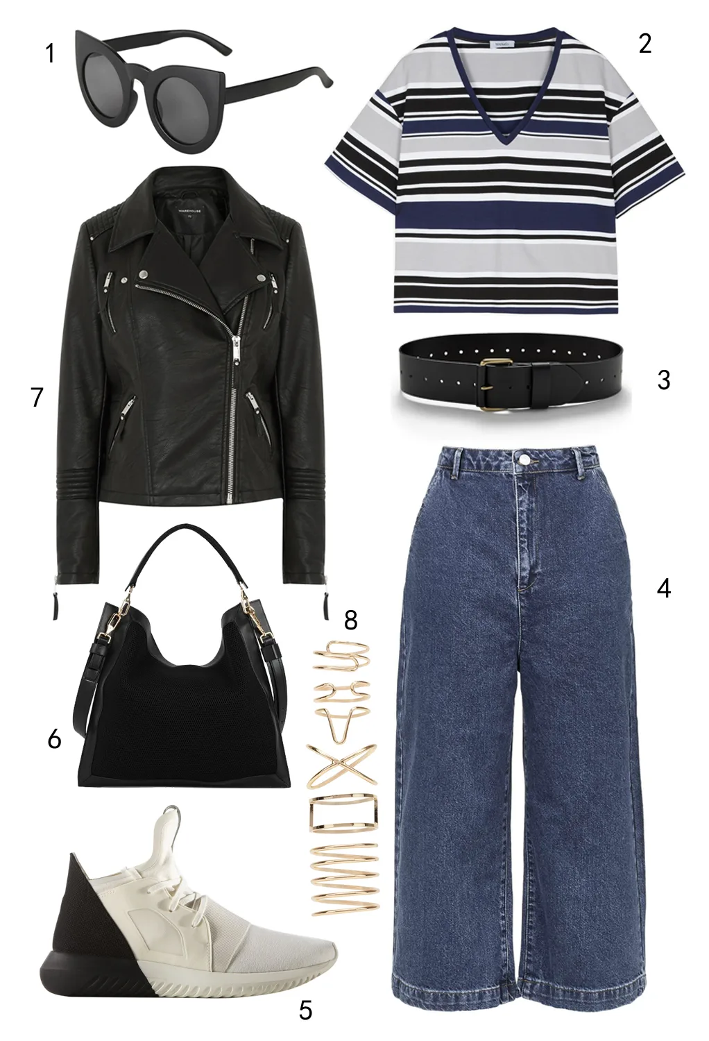 THỨ HAI: 1 mắt kính Topshop, 2 áo thun MAX & Co, 3 thắt lưng Banana Republic, 4 quần culottes Topshop, 5 giày Adidas, 6 túi Charles & Keith, 7 áo khoác biker Warehouse, 8 set nhẫn Aldo