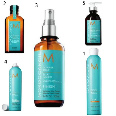 1 & 4. Gôm xịt giữ nếp linh hoạt Moroccanoil 2.Dầu dưỡng tóc Moroccanoil 3. Xịt bóng Moroccanoil 5. Kem tạo kiểu dưỡng ẩm Moroccanoil