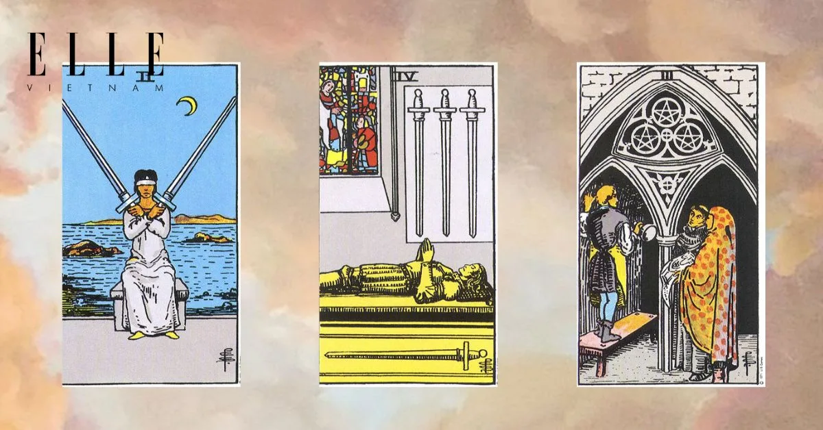 Bạn có các lá bài tarot: Two of Swords - Four of Swords - Three of Pentacles