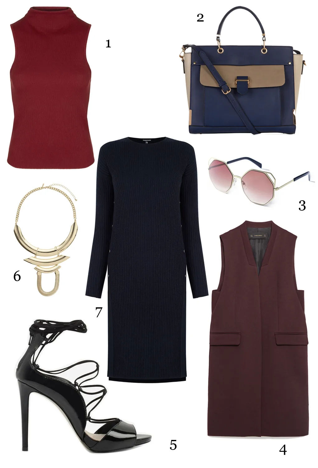 CÁCH PHỐI 5: 1.Áo Topshop - 2. Túi xách Accessorize - 3.Mắt kính Marc Jacobs - 4.Áo khoác Zara - 5.Giày Charles & Keith - 6.Vòng cổ Topshop - 7.Đầm len Warehouse