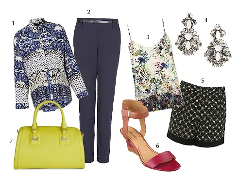 1.Áo TOPSHOP 2.Quần MANGO 3.Áo WAREHOUSE 4.Hoa tai MANGO 5.Quần OASIS 6.Giày NINEWEST 7.Túi ECCO