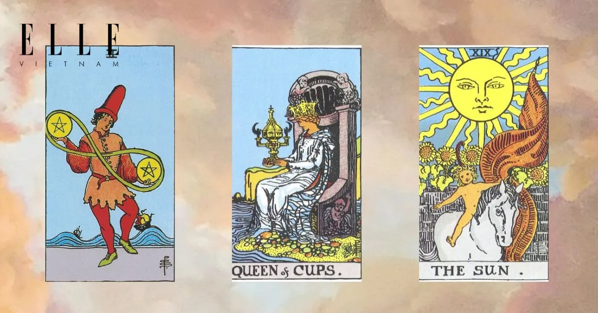 Bạn có 3 lá bài tarot: Two of Pentacles - Queen of Cups - The Sun