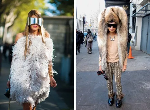 Trái: Biên tập của tờ Vogue Nhật Bản trong trang phục và kính của Alexander McQueen. Phải: Blogger Bryanboy đội thiết kế mũ của Maison Martin Margiela