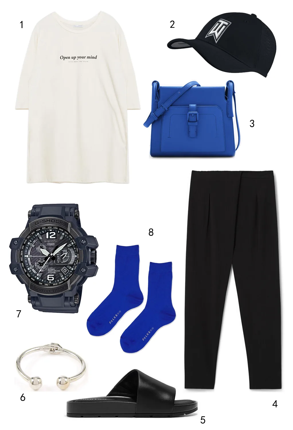 THỨ BA: 1 áo thun Zara, 2 nón Nike, 3 túi Pedro, 4 quần Mango, 5 dép Charles & Keith, 6 vòng tay Warehouse, 7 đồng hồ Casio, 8 vớ Topshop