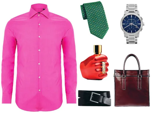 Áo sơmi Alexander McQueen, cà-vạt Salvatore Ferragamo, nước hoa Diesel, thắt lưng Banana Republic, đồng hồ Burberry, túi xách Pedro.