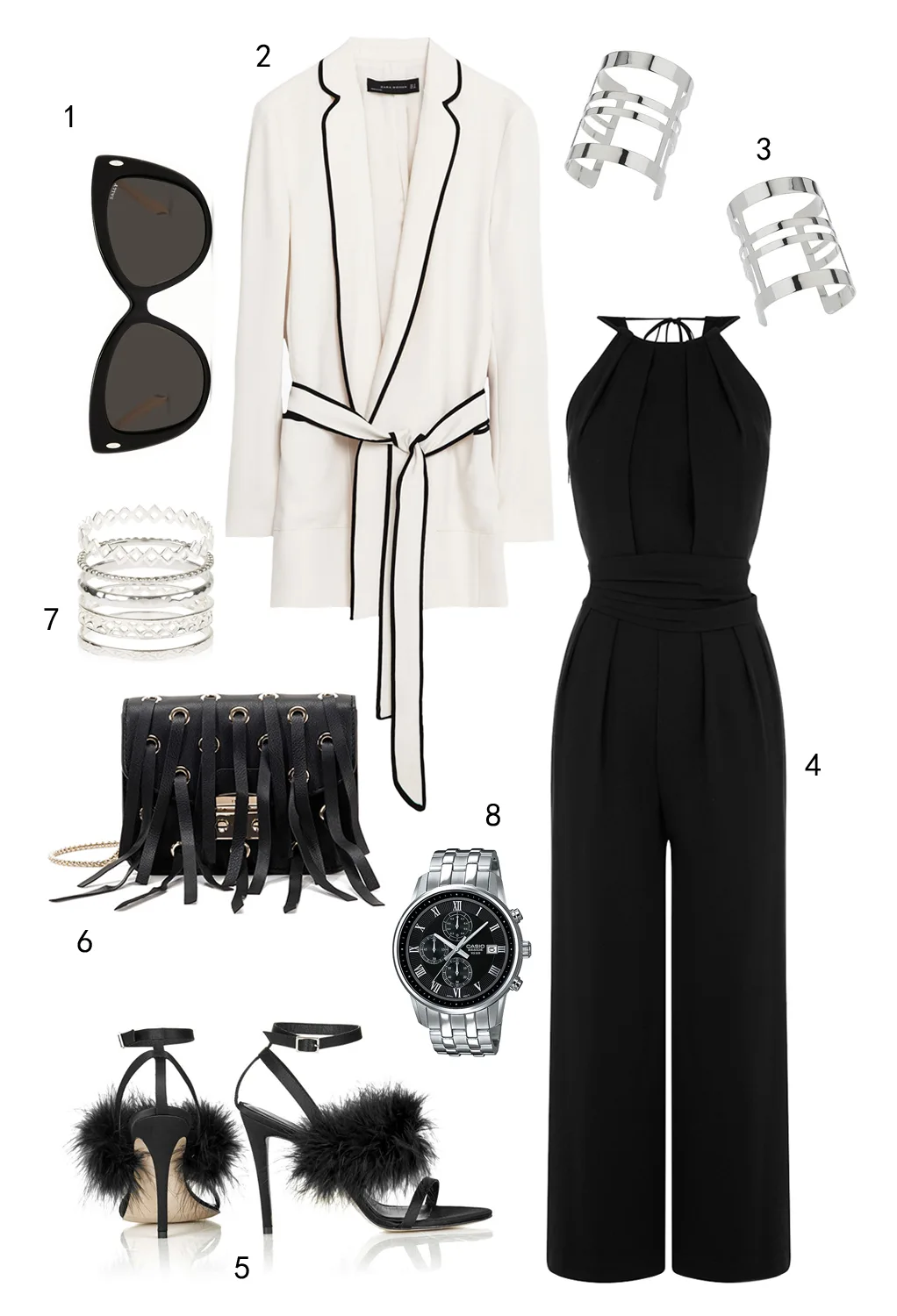 THỨ NĂM: 1 mắt kính Bally, 2 áo blazer Zara, 3 cặp vòng tay Topshop, 4 jumpsuit Warehouse, 5 giày Topshop, 6 túi Furla, 7 set nhẫn Accessorize, 8 đồng hồ Casio