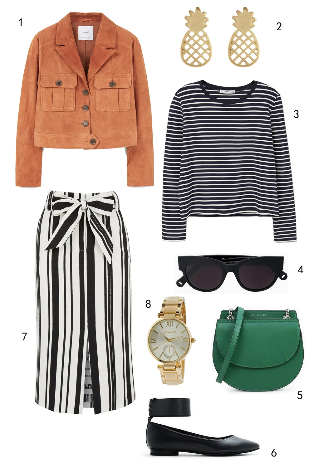 THỨ BA: KẺ SỌC: 1 áo khoác Mango, 2 hoa tai Accessorize, 3 áo thun Mango, 4 mắt kính MAX & Co, 5 túi Charles & Keith, 6 giày Pedro, 7 váy Warehouse, 8 đồng hồ Accessorize