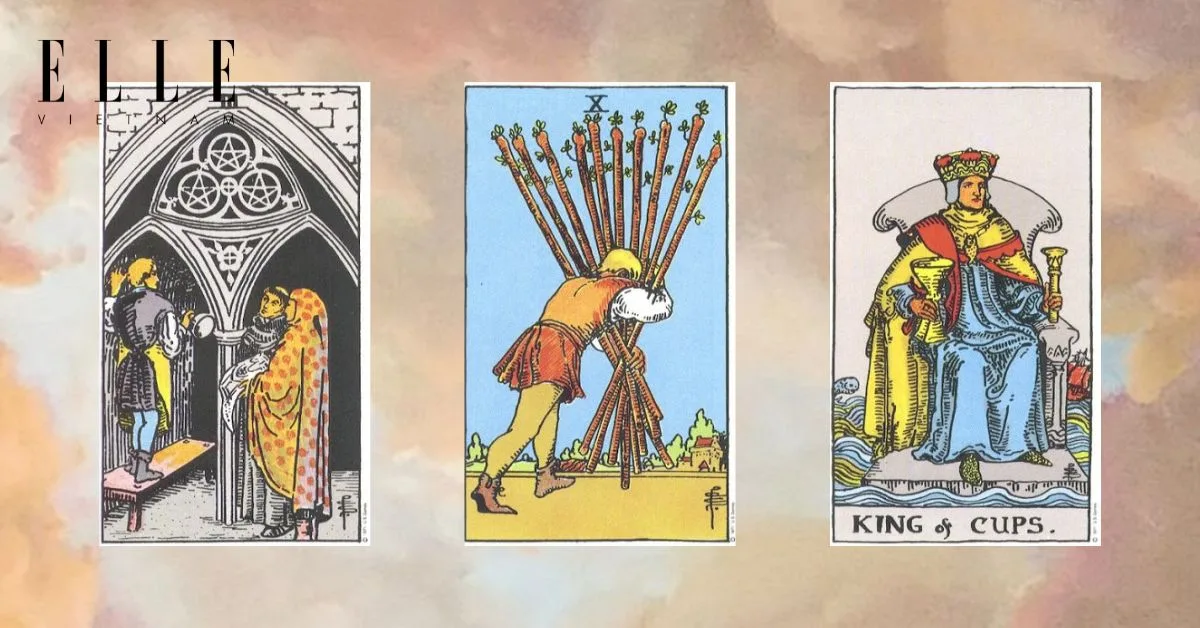 Bạn có các lá bài tarot: Three of Penatcles - Ten of Wands - King of Cups