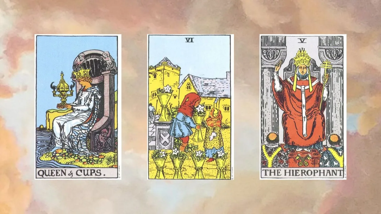 tụ bài số 3 gồm queen of cups, six of cups, the hierophant