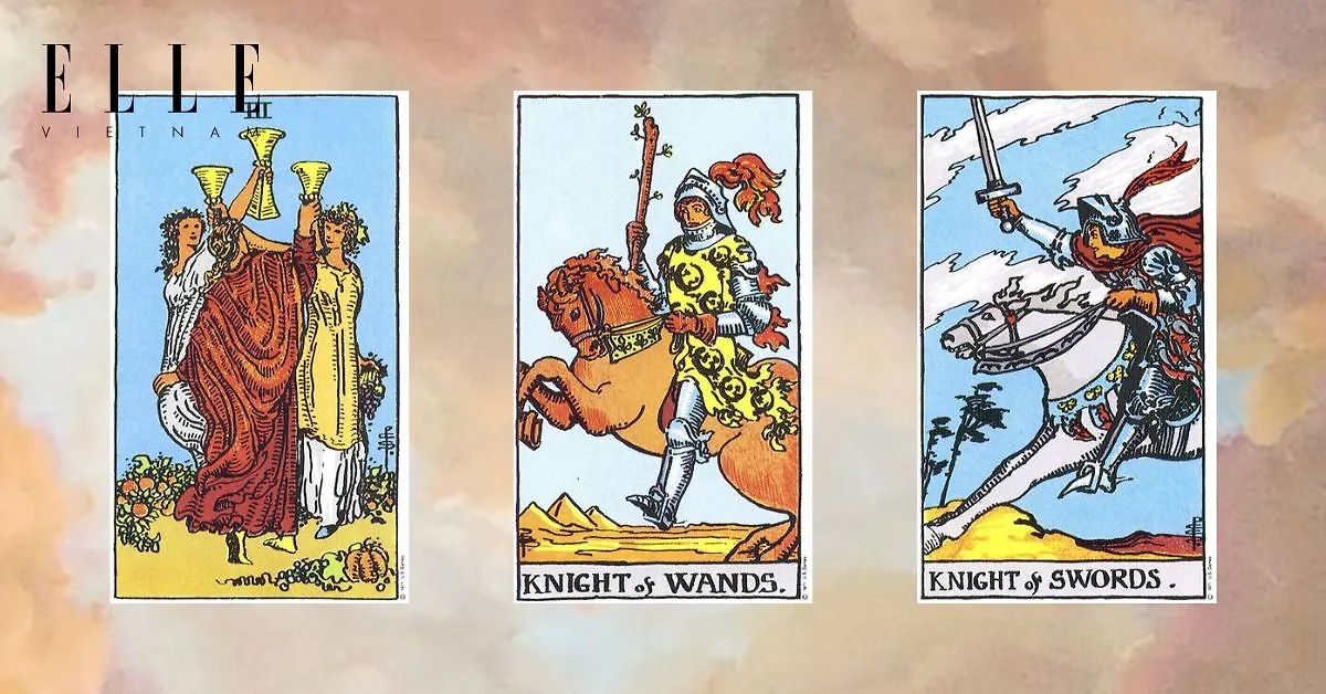 Bạn có các lá bài tarot: Three of Cups - Knight of Wands - Knight of Swords