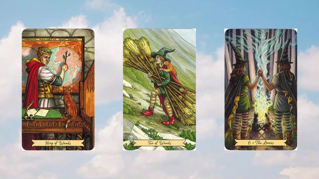 tụ bài tarot king of wands - ten of wands - the lovers