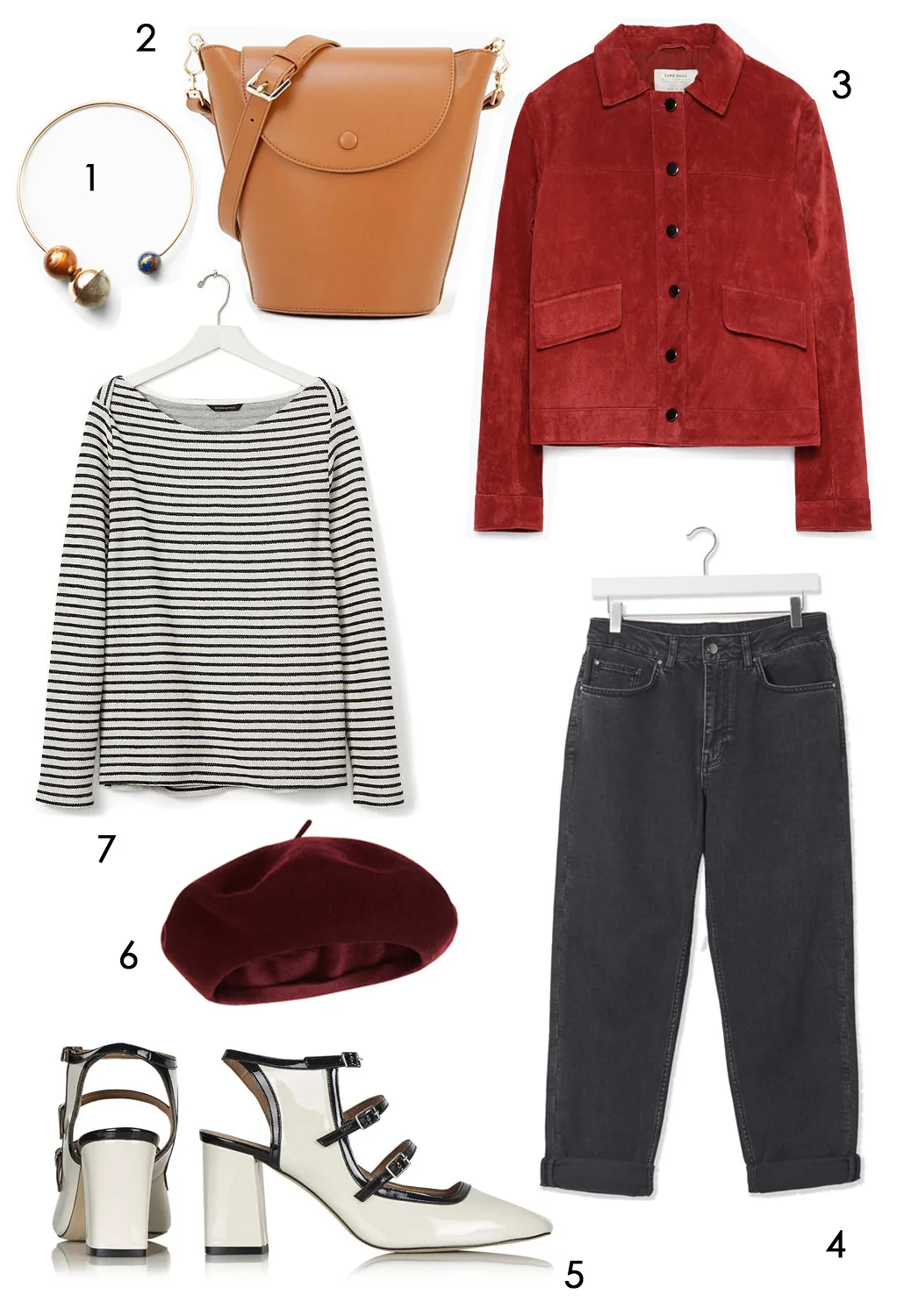 CÁCH PHỐI 7: 1.Vòng cổ choker Mango - 2.Túi Charles & Keith - 3.Áo khoác Zara - 4.Quần jeans Topshop - 5.Giày Tophop - 6.Mũ beret Accessorize - 7.Áo thun Banana Republic