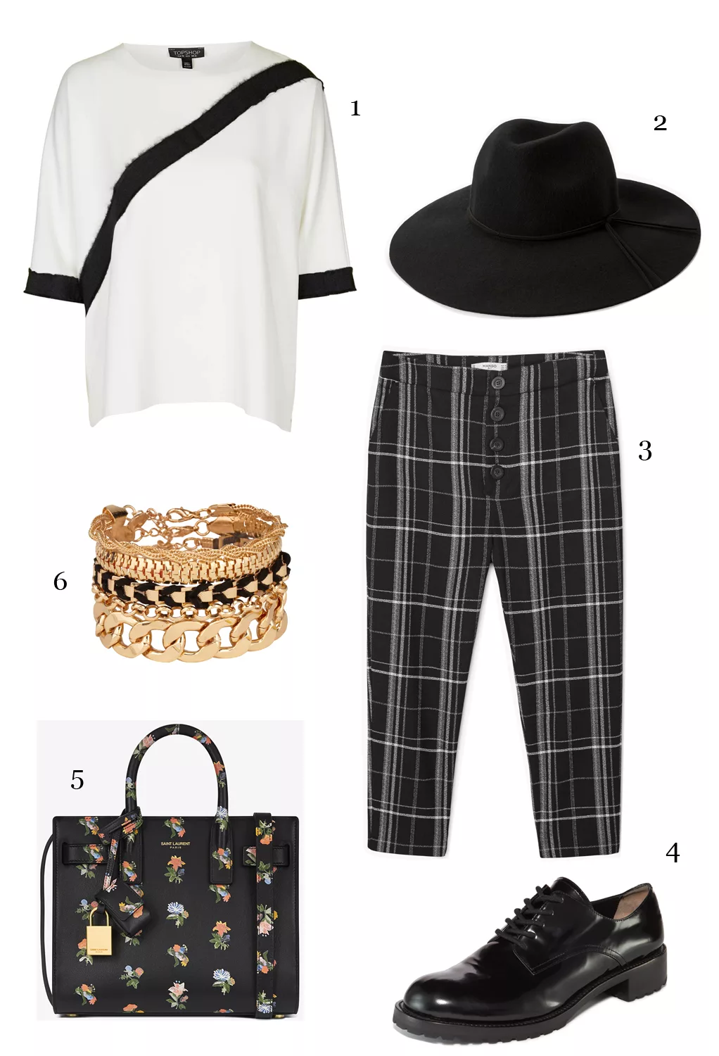 CÁCH PHỐI 3: 1-Áo Topshop, 2-Nón Mango, 3-Quần lửng Mango, 4-Giày Oxford DKNY, 5-Túi Saint Laurent, 6-Set vòng tay Aldo.
